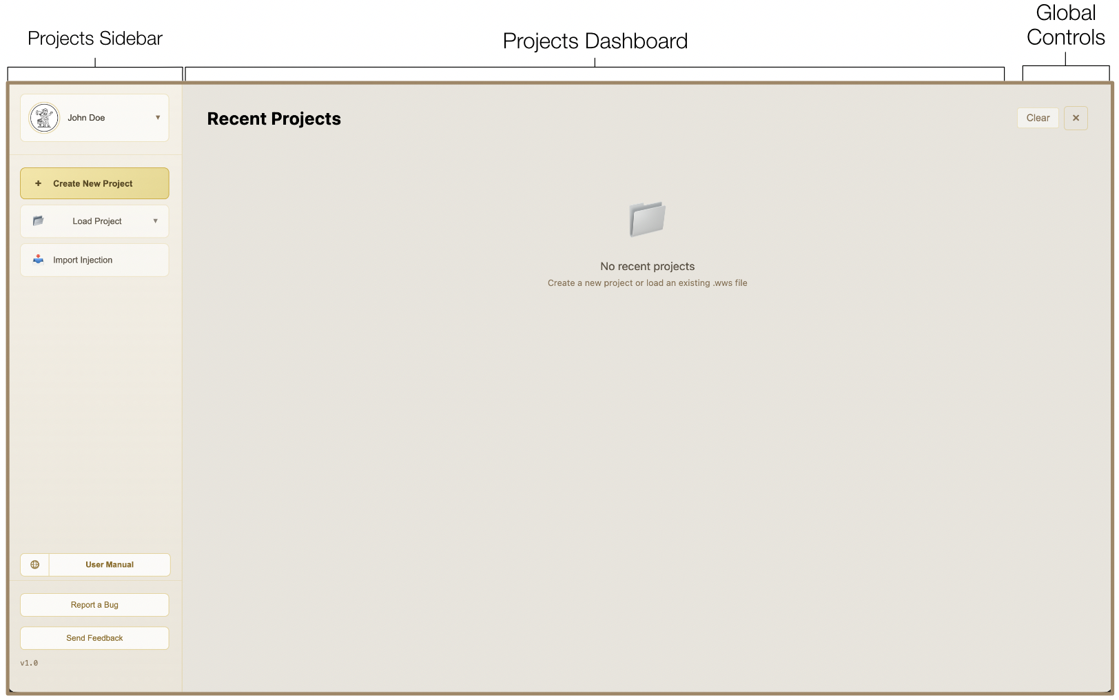Project Browser overview showing the sidebar and recent projects dashboard